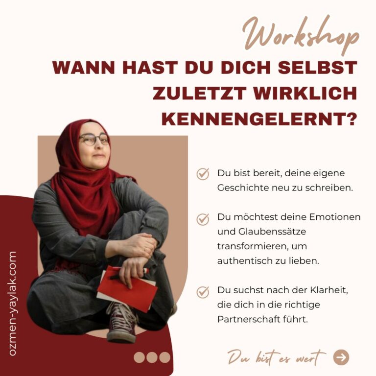 Online Workshop-Ankündigung mit der Frage 'Wann hast du dich selbst zuletzt wirklich kennengelernt?', begleitet von einer Frau mit rotem Kopftuch und einem Buch, sowie drei Stichpunkten zur Selbstreflexion, Emotionen und Klarheit in Partnerschaften.